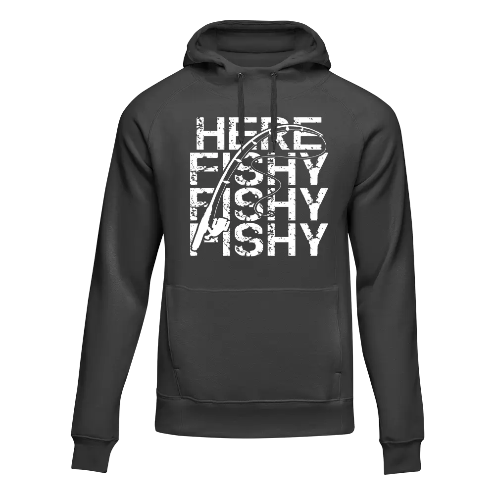 Black Here Fishy Fishy unisex hoodie by Outdoorzees featuring a playful fish graphic on the front.