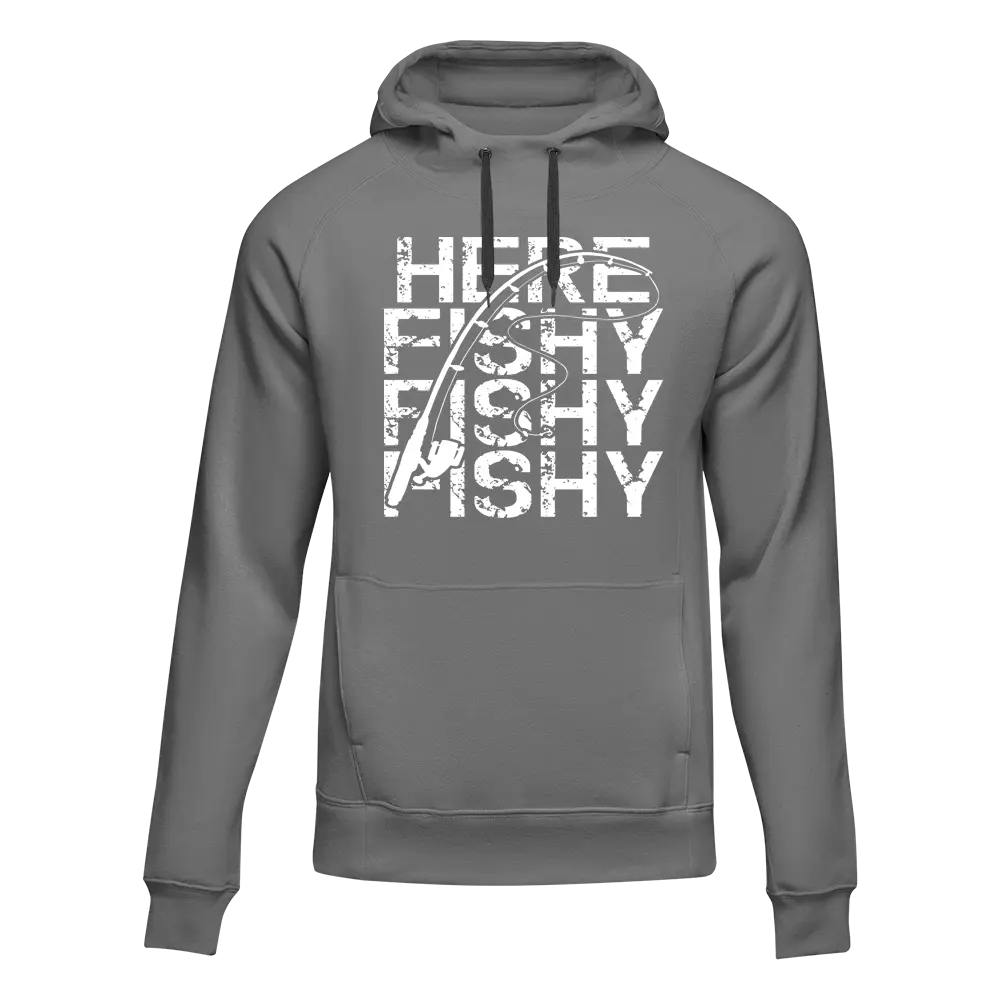 Gray Here Fishy Fishy unisex hoodie by Outdoorzees with a playful fish graphic on the front.