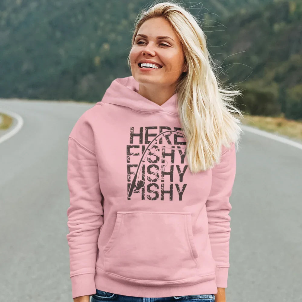 Pink Here Fishy Fishy unisex hoodie by Outdoorzees, featuring a casual fit and fish-themed graphic on the front.