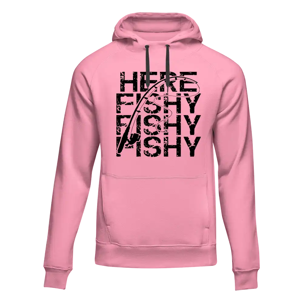 Pink Here Fishy Fishy unisex hoodie by Outdoorzees featuring a playful fish graphic on the front.