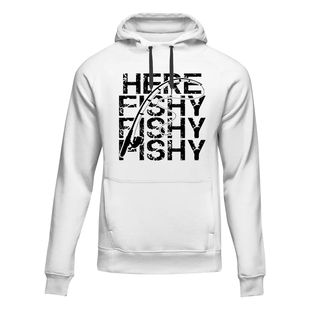 White Here Fishy Fishy unisex hoodie by Outdoorzees, featuring a fish-themed graphic on the front.