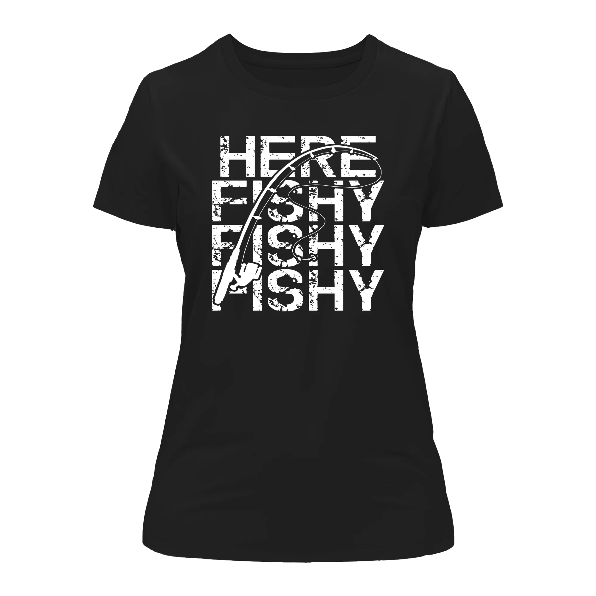 Black Here Fishy Fishy women's T-shirt by Outdoorzees featuring a playful fish graphic on the front.