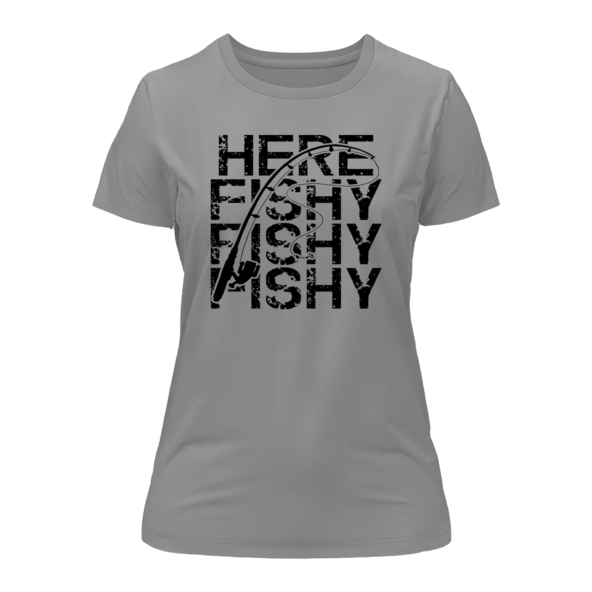 Gray Here Fishy Fishy T-Shirt for Women by Outdoorzees, featuring a playful fish graphic on soft cotton fabric.