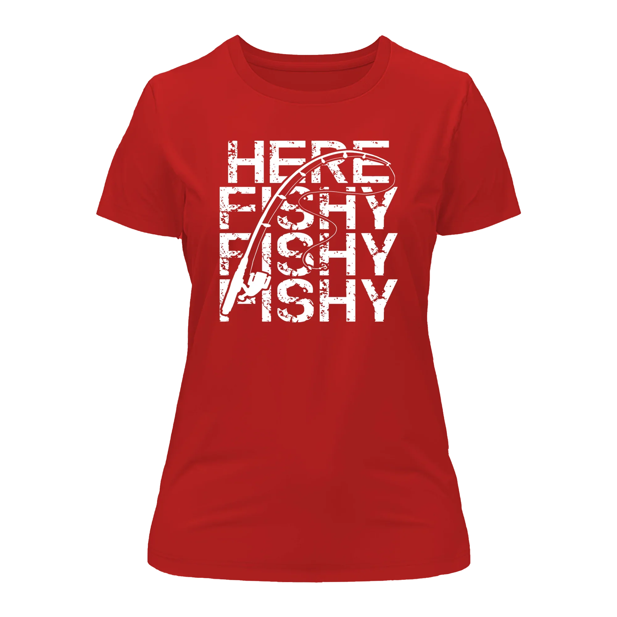 Red Here Fishy Fishy women’s T-shirt by Outdoorzees featuring a playful fish graphic on the front.