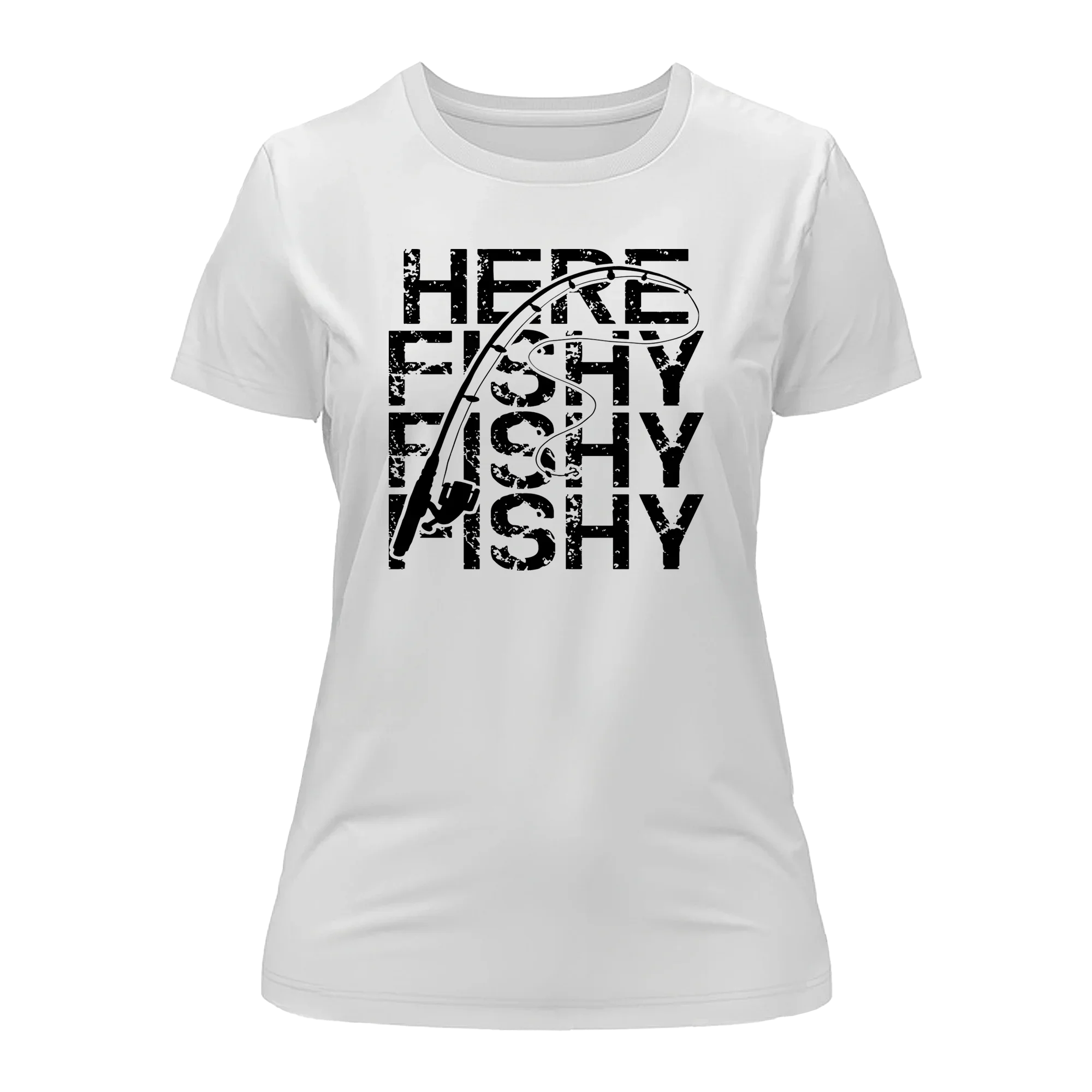 White Here Fishy Fishy T-Shirt for Women by Outdoorzees, featuring a playful fish design on the front.
