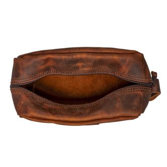 Open Heritage Leather Kit Bag by Backcountry Sportsman showing multiple leather compartments and sturdy construction.