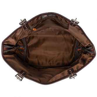 Open view of the Heritage Leather Market Tote by Backcountry Sportsman showing spacious interior and durable leather construction.