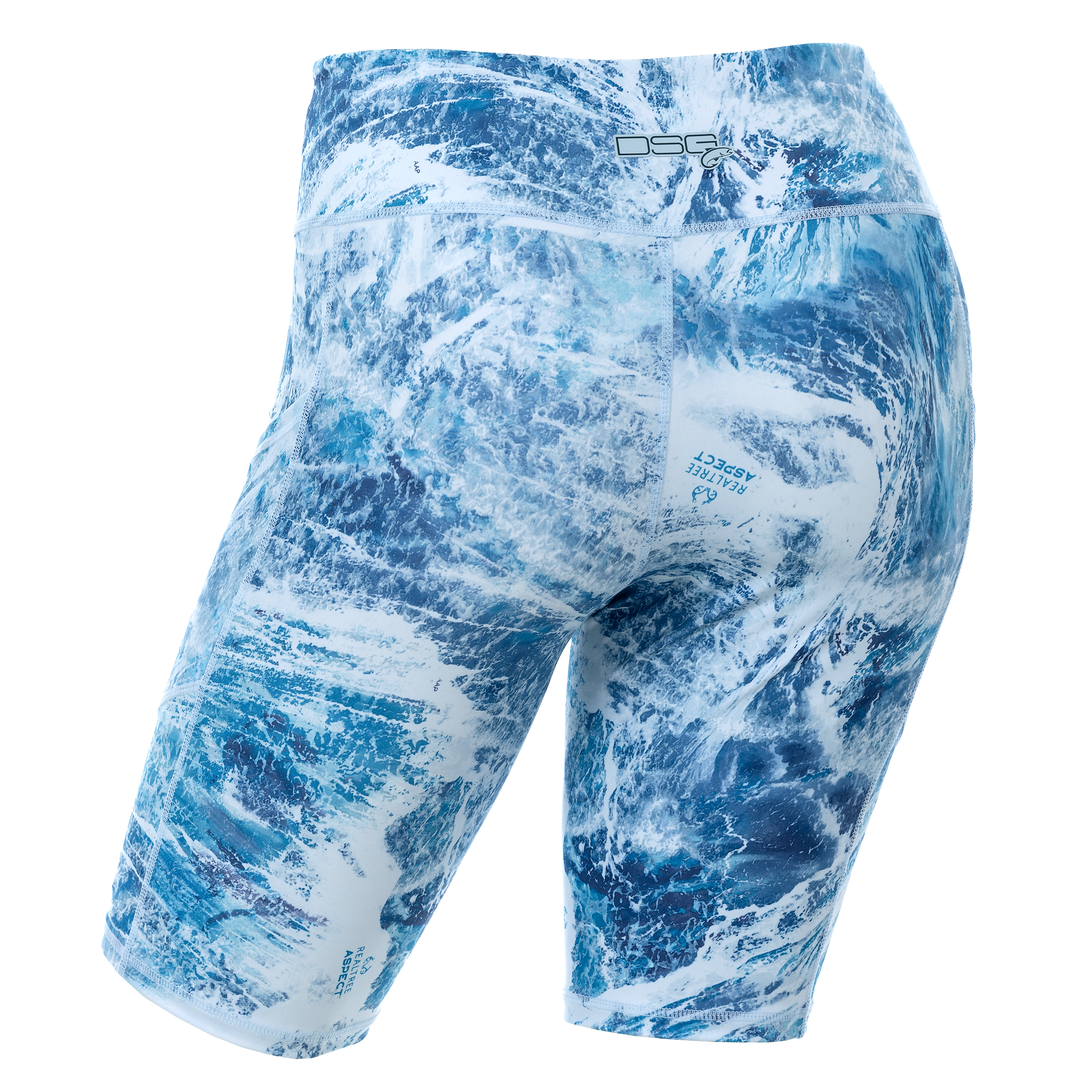 Back view of DSG OUTERWEAR high waisted boat shorts in sky blue with UPF 50+ sun protection, made for water activities and casual wear.