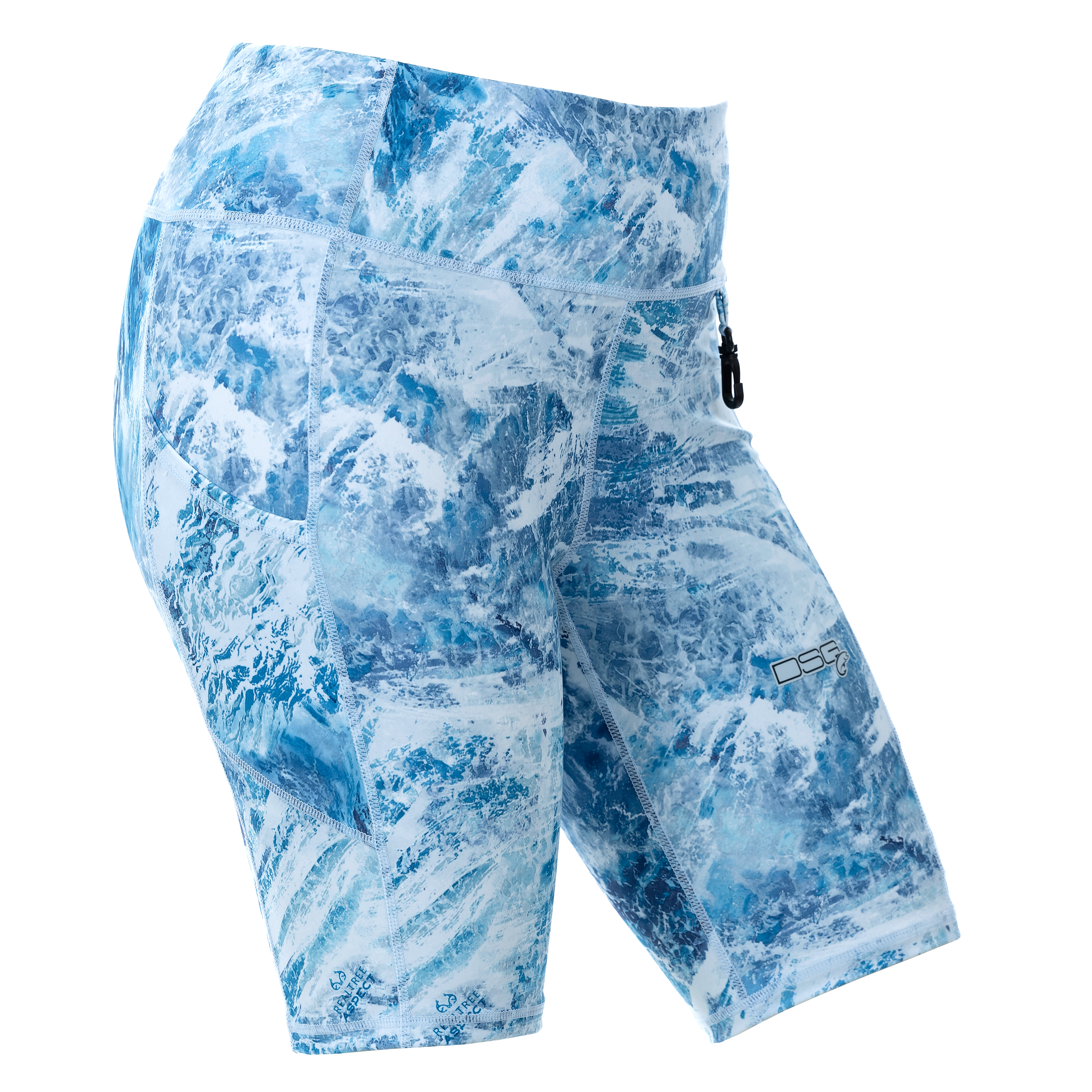 Side view of DSG OUTERWEAR high waisted boat shorts with UPF 50+ sun protection in sky blue fabric.