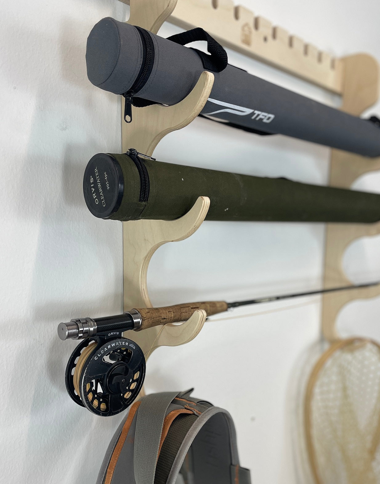 Rado Racks THE HOOKSET fishing rod storage rack displaying multiple fishing rods organized and securely held in place.