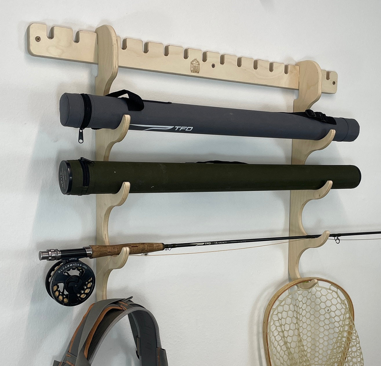 Rado Racks THE HOOKSET fishing rod storage rack displaying multiple rods in a sleek, organized design.