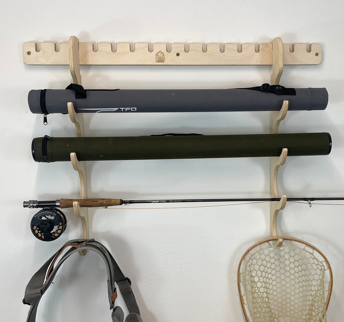Rado Racks THE HOOKSET fishing rod storage rack displaying multiple rods in a sleek, organized design.