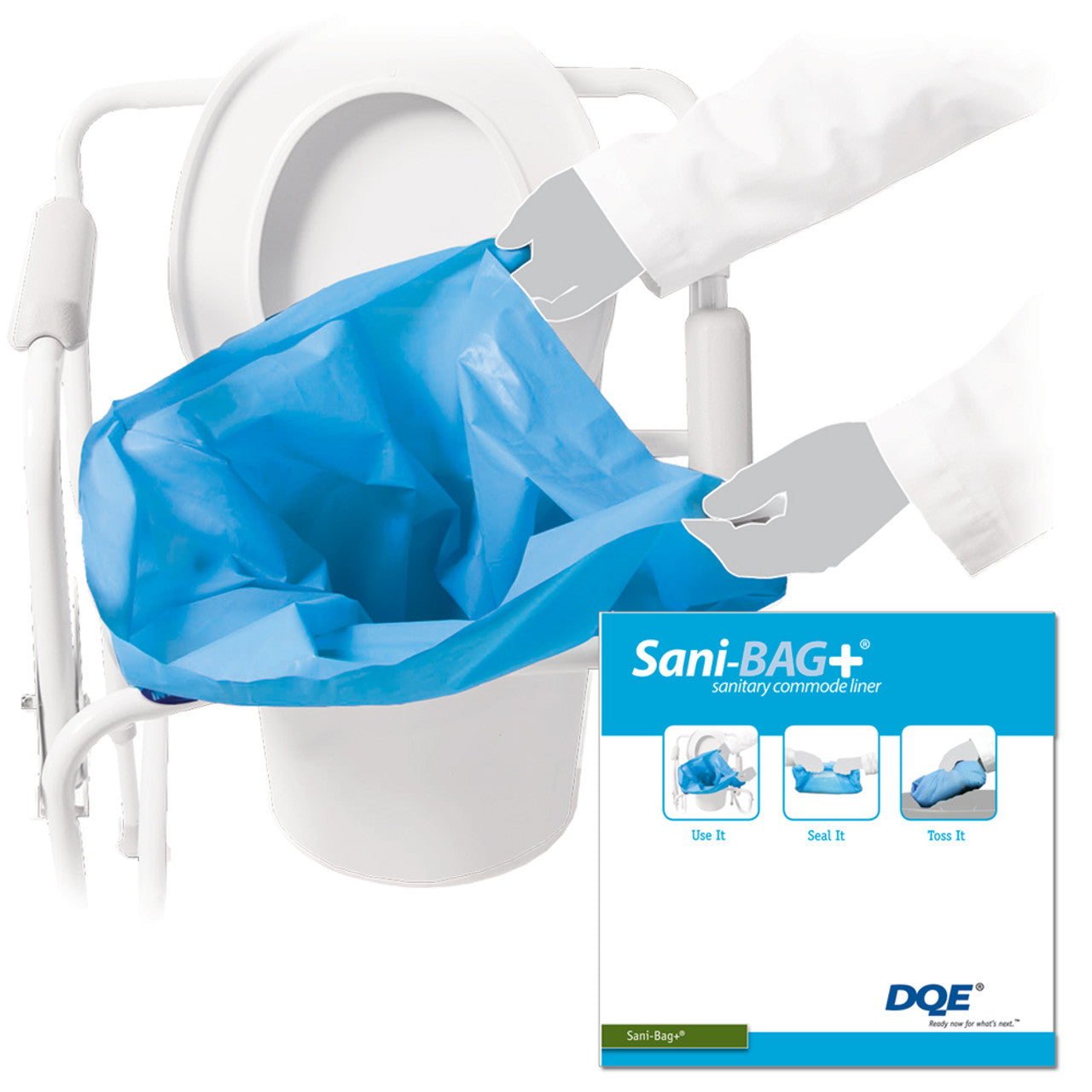 Hygiene Sani-Bag+ commode liner by quakekits.com, used for infection control in healthcare settings, shown in a hospital environment.