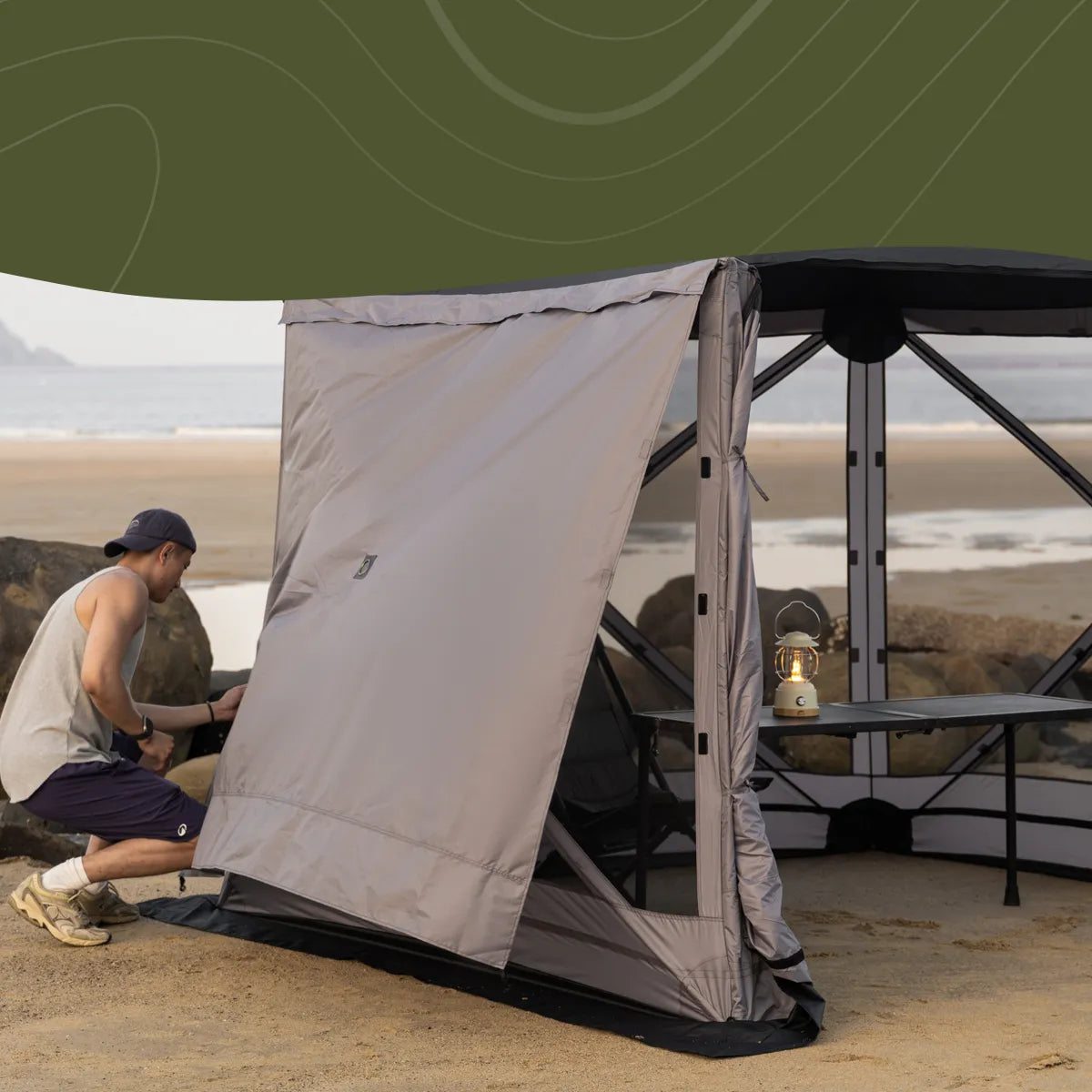 Wild Land Hub Screen House 400 XL wind panels showing side panels for enclosure and protection against elements.