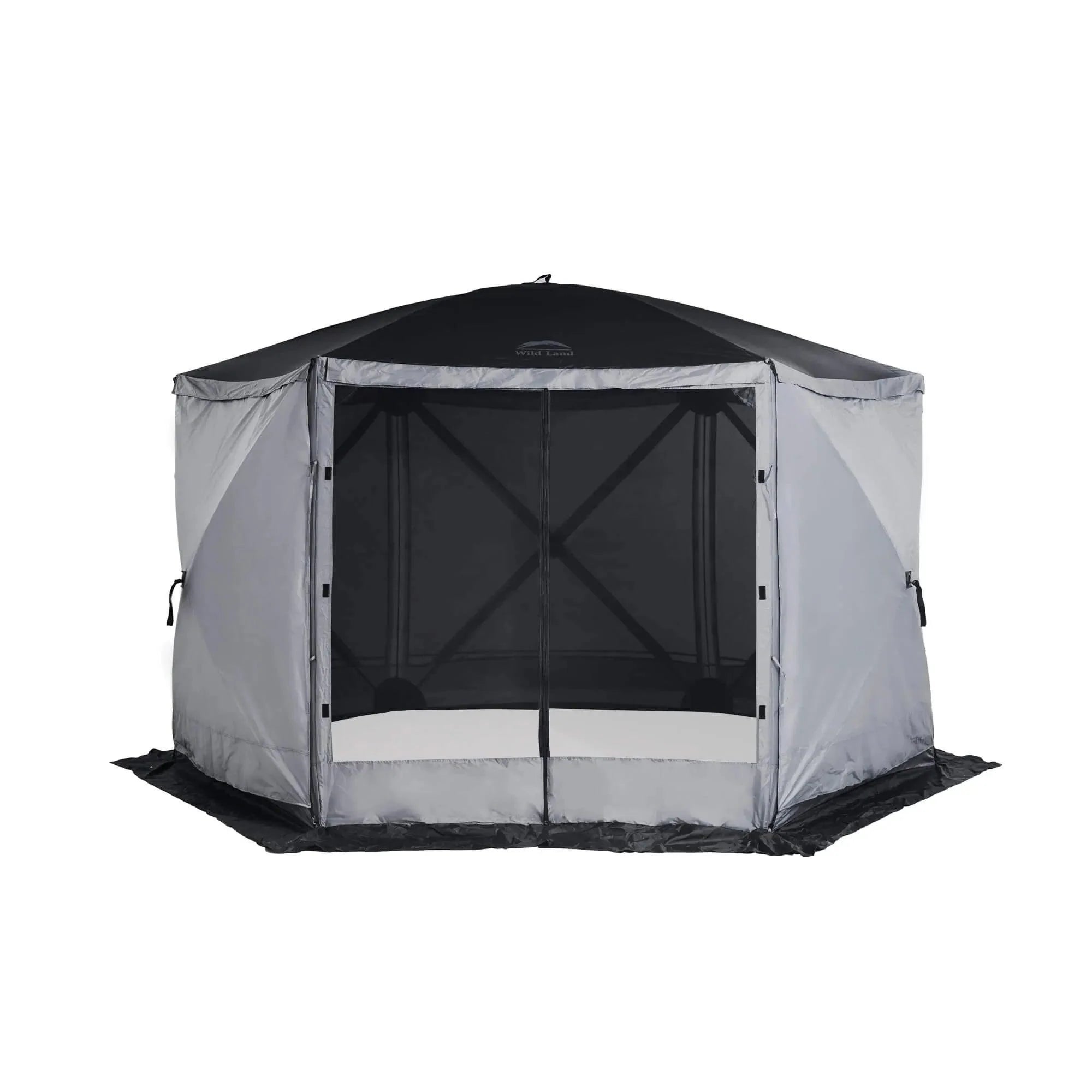 Wild Land Hub Screen House 600, spacious outdoor shelter with mesh walls and a sturdy frame in a natural setting.