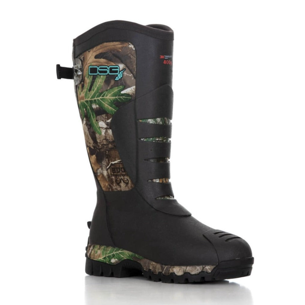 DSG OUTERWEAR rubber hunting boot with 400 grams insulation, shown from an angled view, designed for outdoor durability.
