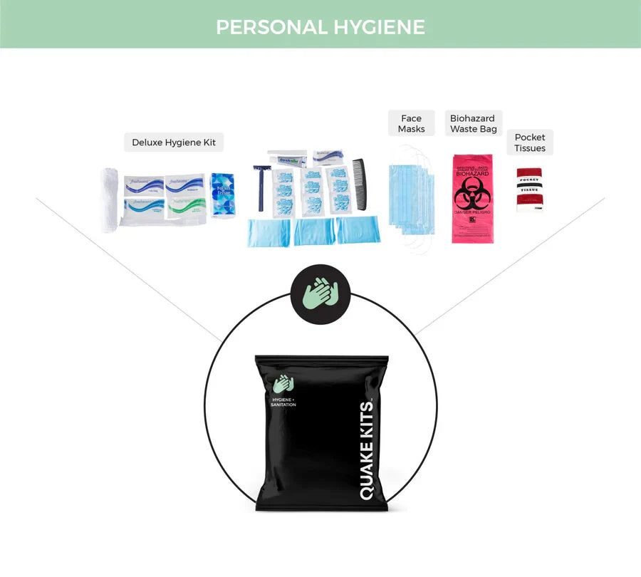 Hygiene pack for Quake Kits survival kits, featuring essential hygiene supplies in a compact stealth black bag.