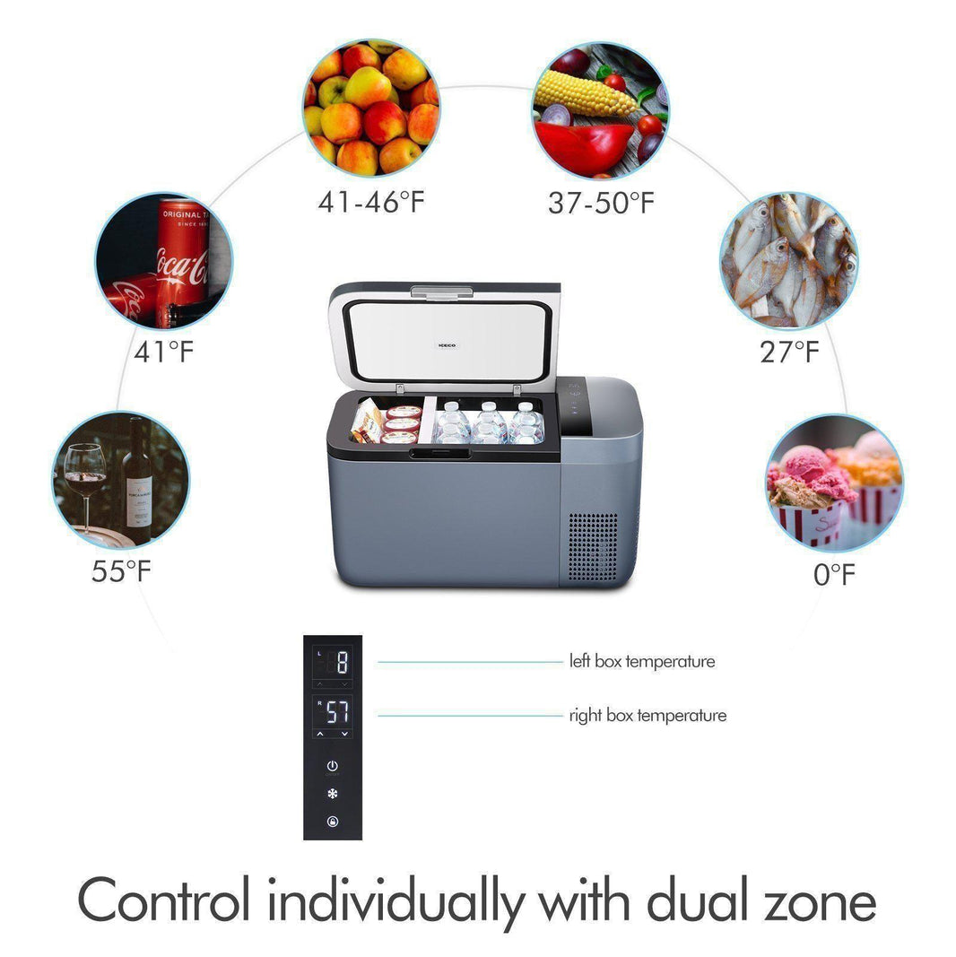 ICECO GO20 Dual Zone 12V portable freezer with 20L capacity, featuring dual compartments for freezing and chilling.