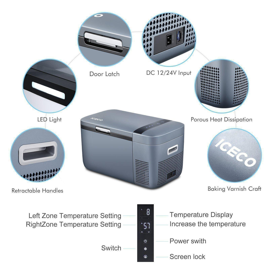 ICECO GO20 Dual Zone 12V portable freezer with 20L capacity, featuring dual temperature zones for versatile cooling and freezing.