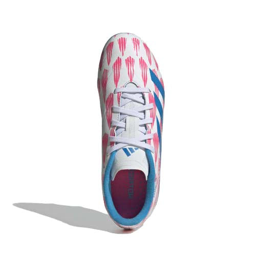 adidas Junior Predator League FG soccer sneaker in white and black, featuring cleats and lightweight design for young athletes