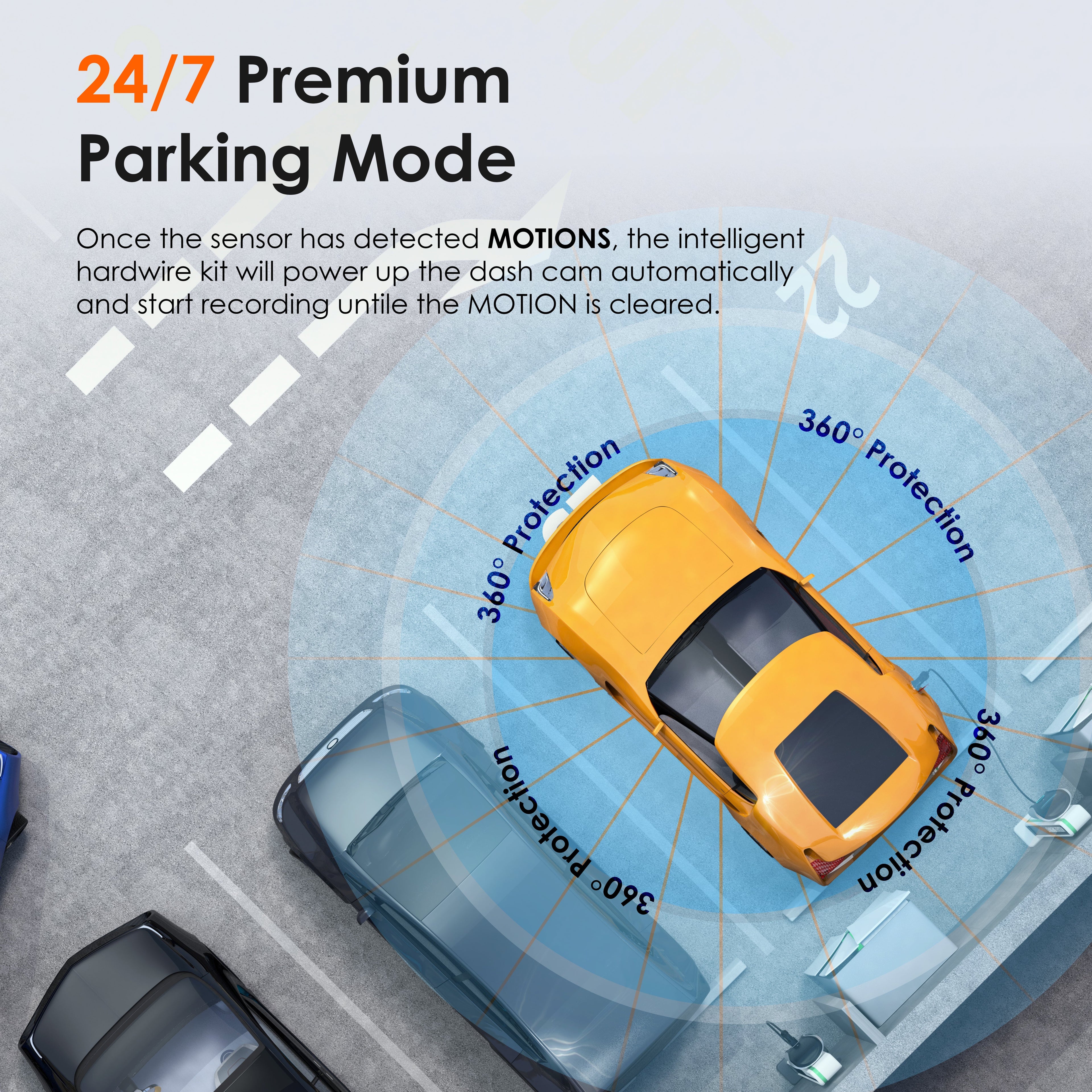 Rexing Smart Hardwire Kit showing compact design with 360° motion detection features for vehicle security cameras.