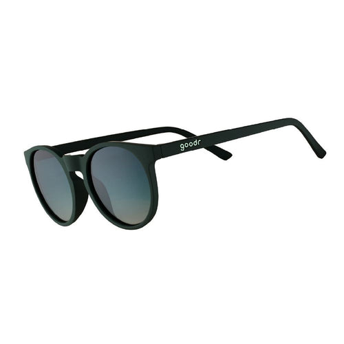 Circle G polarized sunglasses by Rare Air Discs featuring "I Have These On Vinyl, Too" design, shown from the side view.