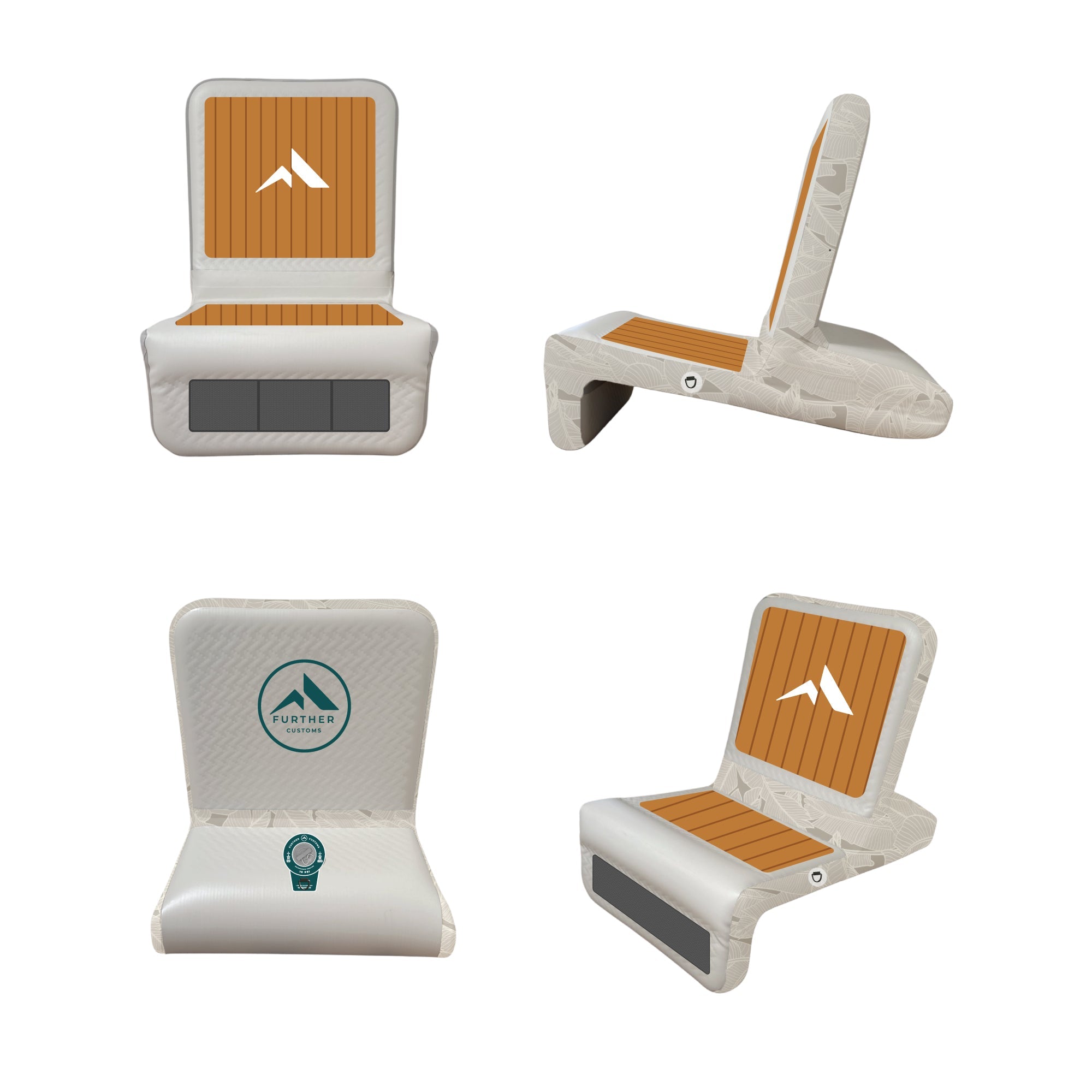 Further Customs inflatable skippers seat in vibrant colors, showcasing its ergonomic design and portability for outdoor use.