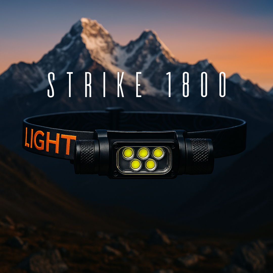 Last Light LLC Strike 1800 Headlamp with adjustable straps and bright LED light for outdoor activities and hands-free illumination.