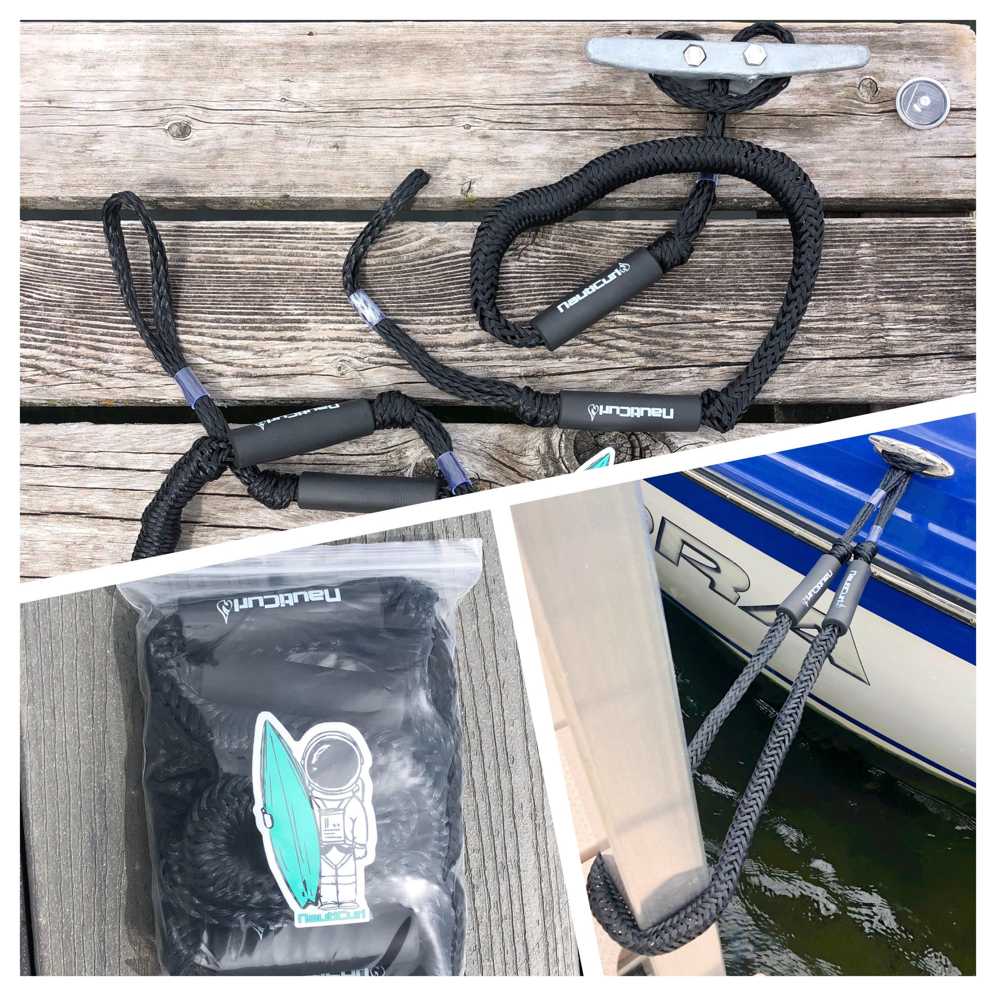 Two NautiCurl LLC shock-absorbing bungee boat ropes with hooks, designed for secure watercraft towing and docking.