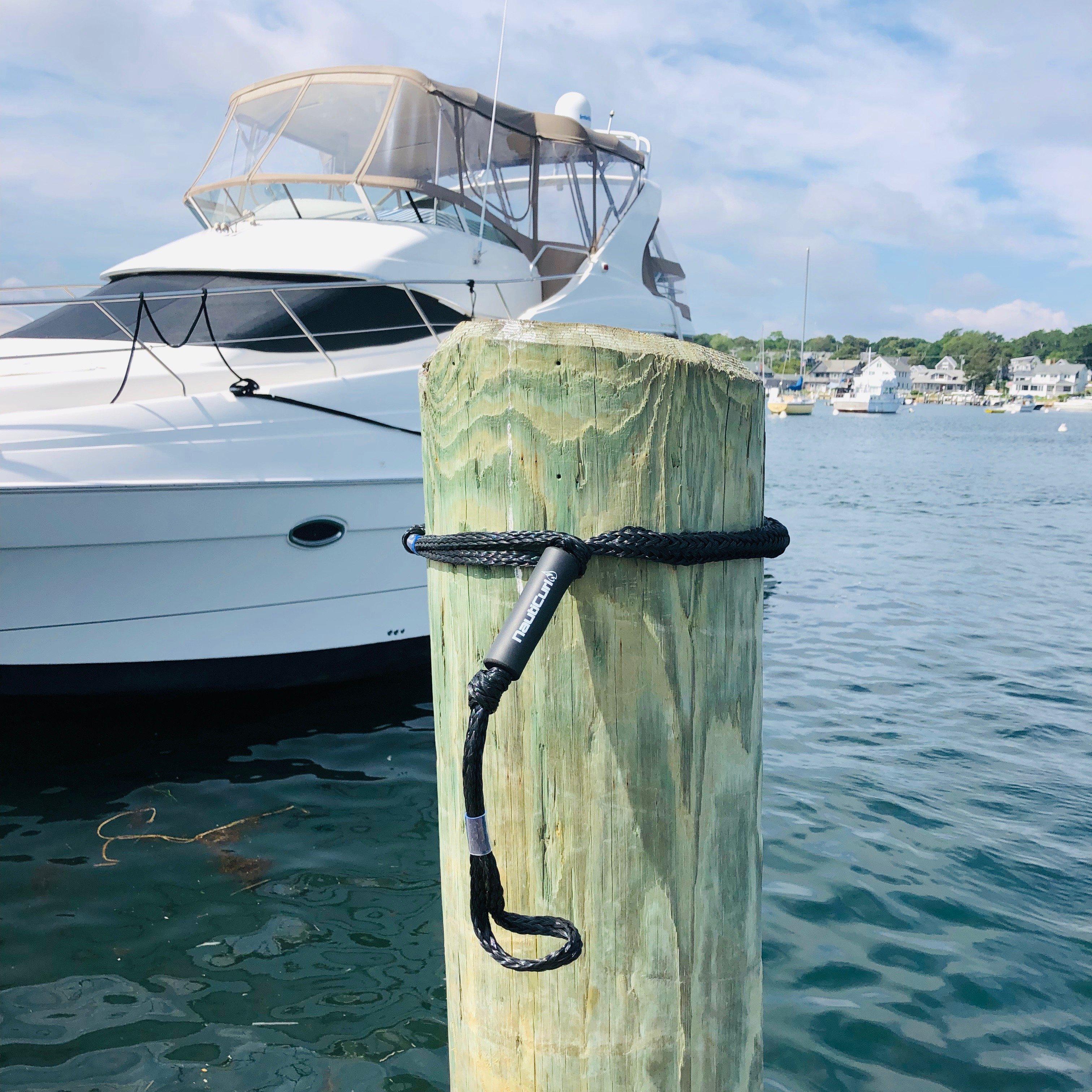 NautiCurl LLC shock-absorbing bungee boat ropes, two durable marine accessories with secure hooks and elastic stretch for boating.