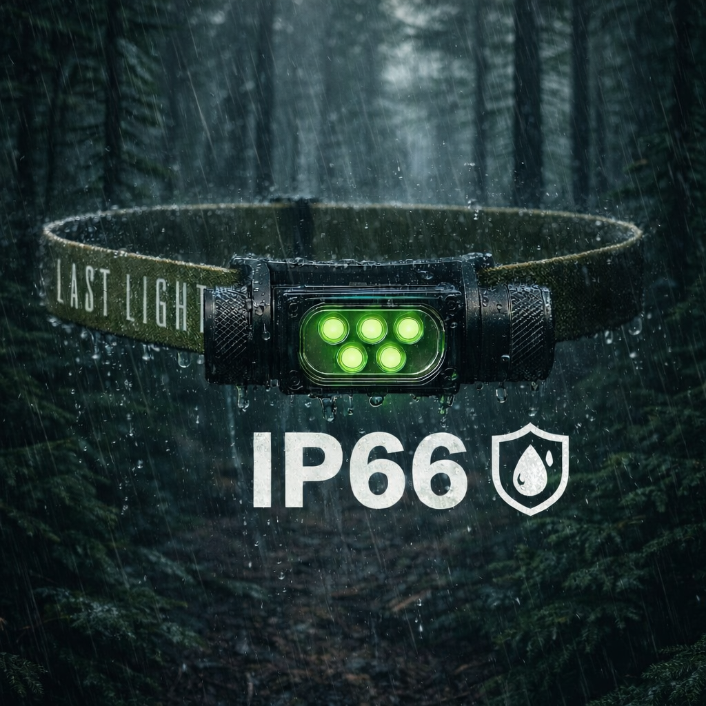 Last Light LLC STRIKE 1800 headlamp with adjustable strap and bright LED light, designed for outdoor and work use.