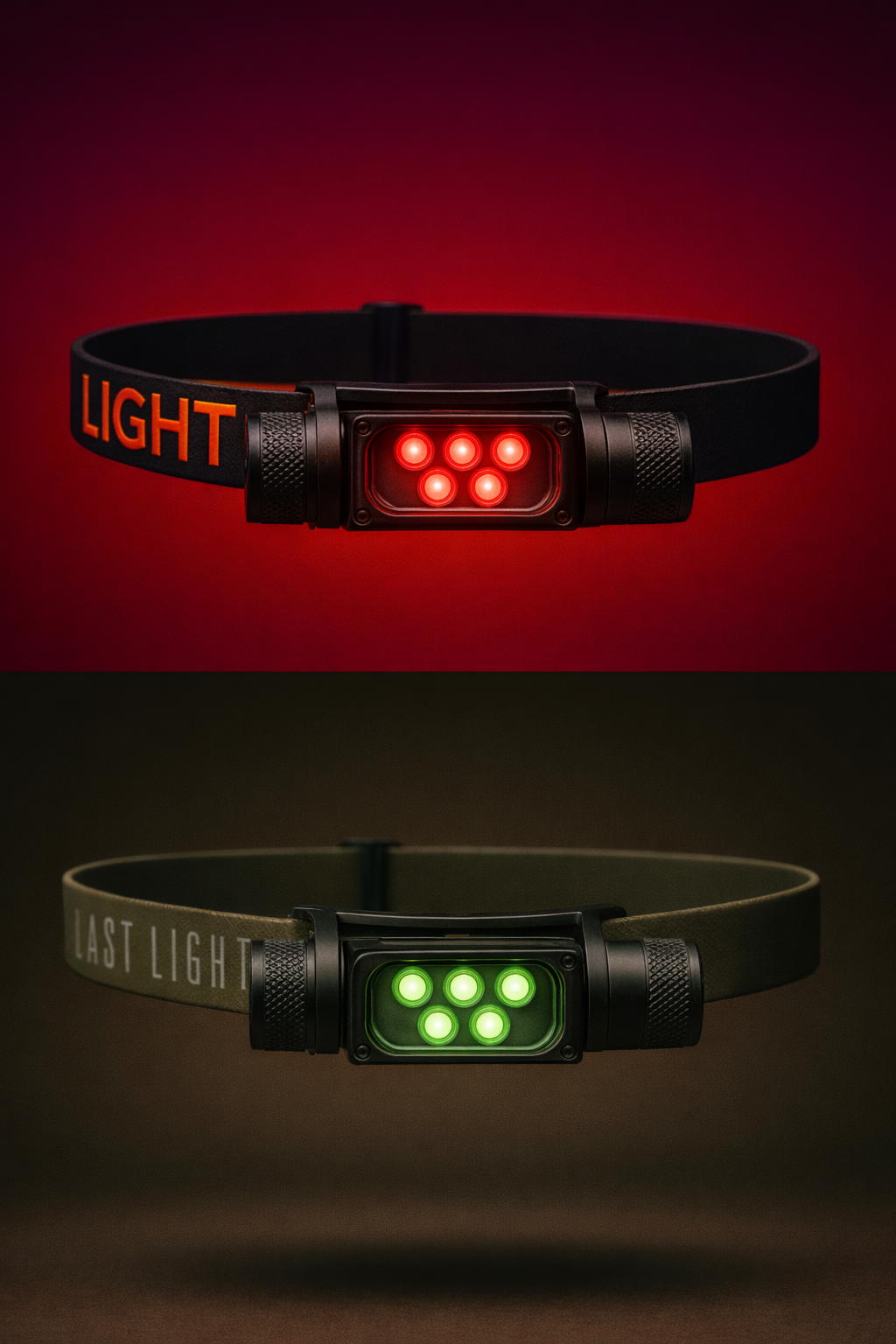 Bright white Strike 1800 headlamp from Last Light LLC with adjustable straps and high-powered LED lights, suitable for outdoor activities.