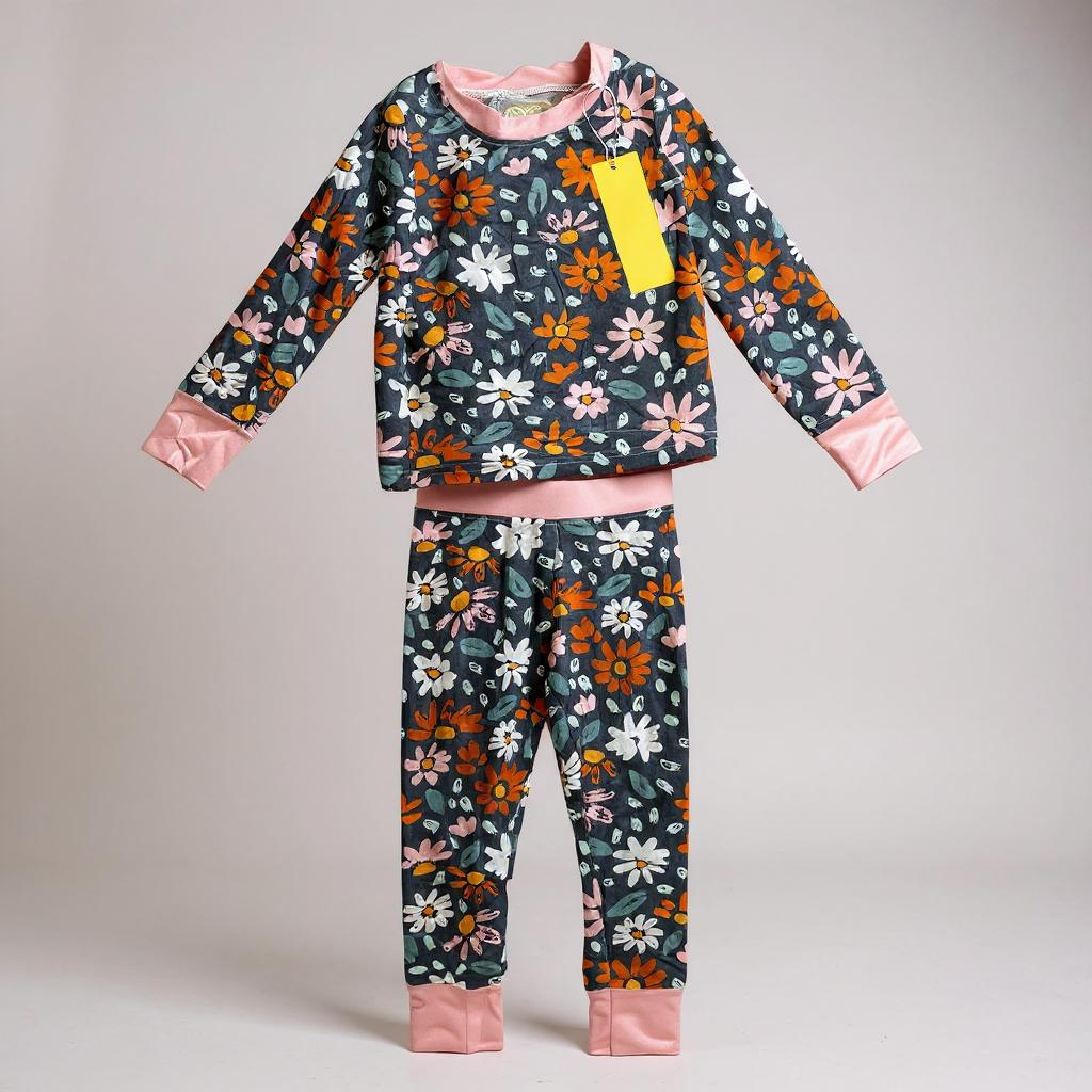 Navy wildflower bamboo pajama set for kids with long sleeves and pants, featuring a floral pattern and comfortable fabric.