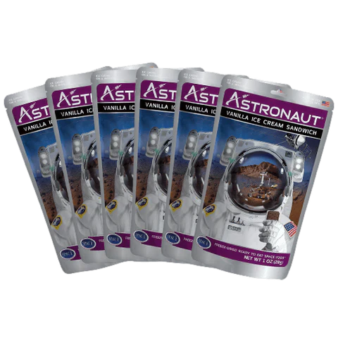 Alpenglow Freeze Dried Astronaut Vanilla Ice Cream Sandwich in outdoor setting, showcasing packaging and product details.