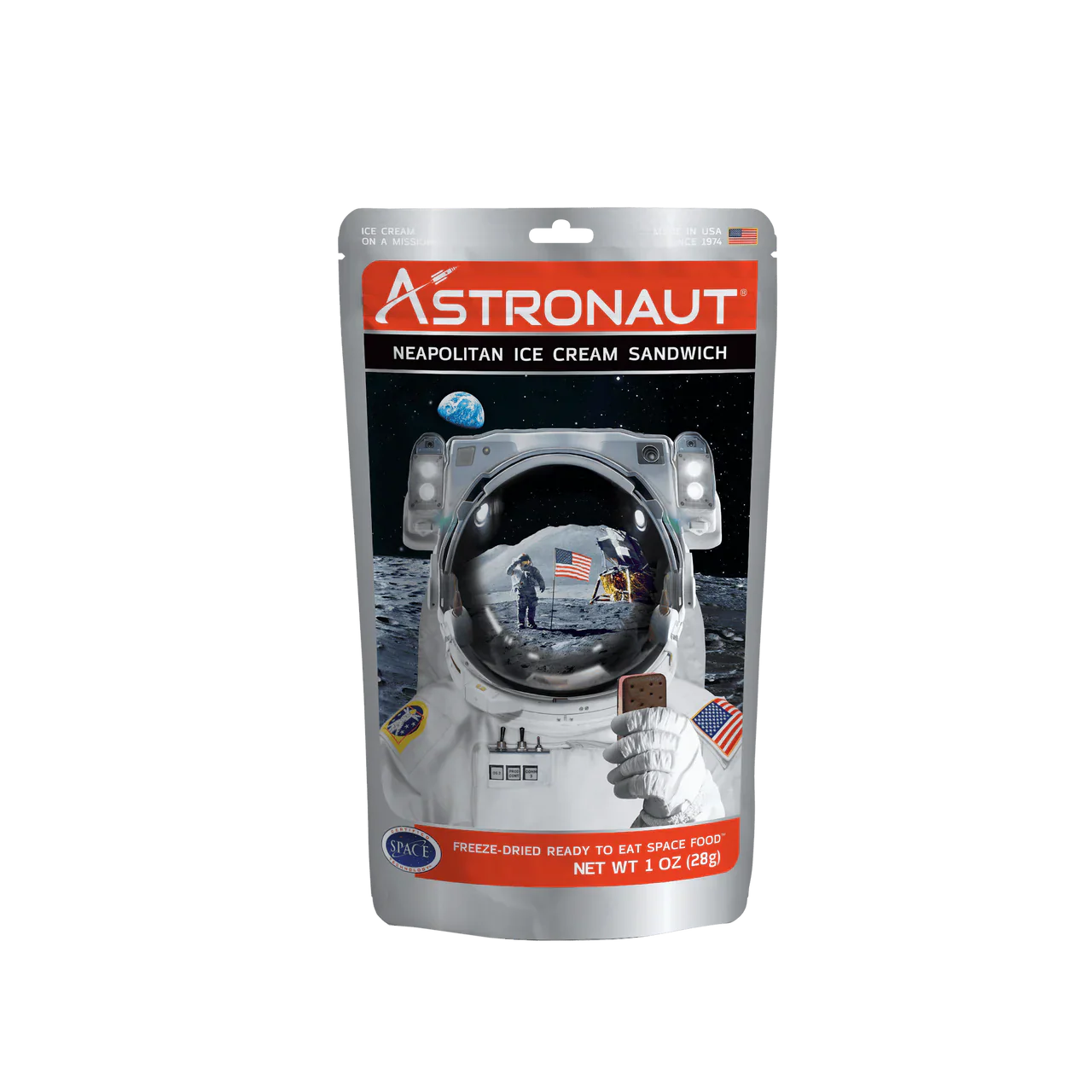 Freeze-dried Astronaut Neapolitan Ice Cream Sandwich by Alpenglow Readiness Supply, displayed outdoors on a natural surface.