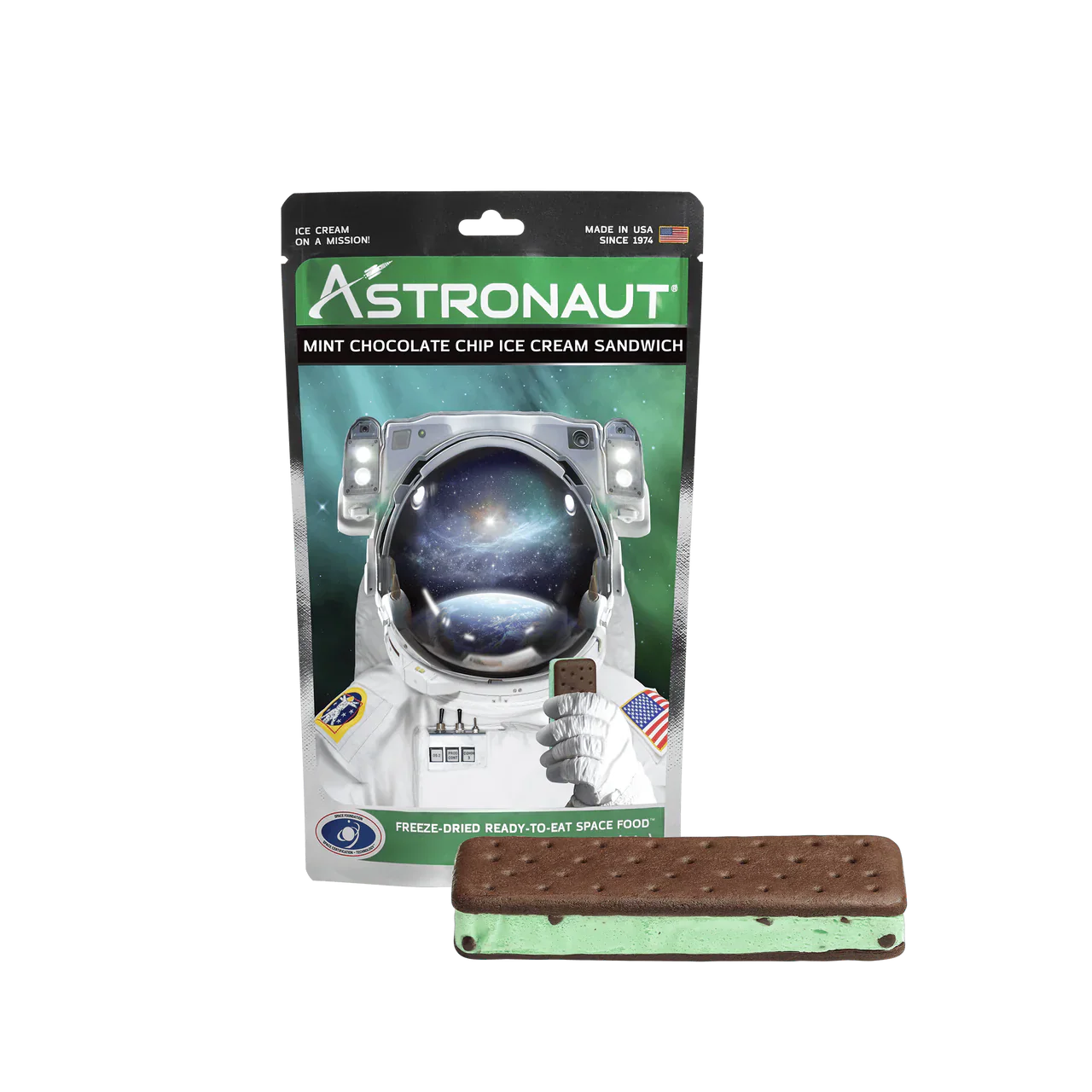 Freeze-dried Astronaut Mint Choc Chip Ice Cream by Alpenglow Readiness Supply in a clear packaging against a white background.