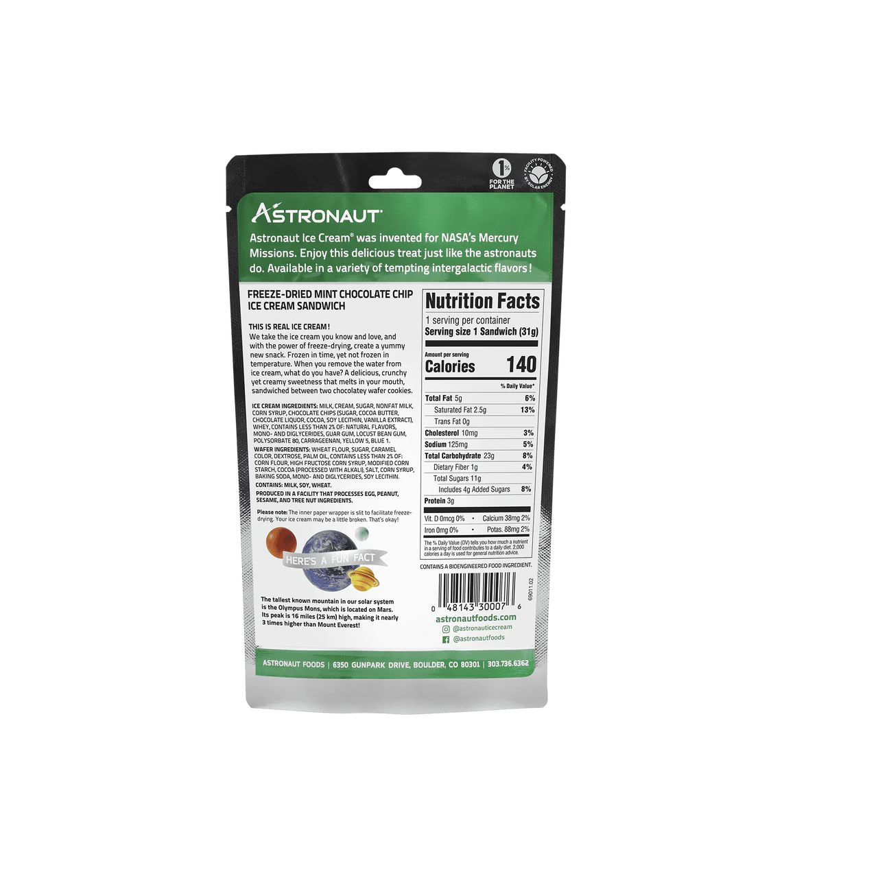 Freeze-dried Astronaut Mint Choc Chip Ice Cream by Alpenglow Readiness Supply in a lightweight outdoor pouch.