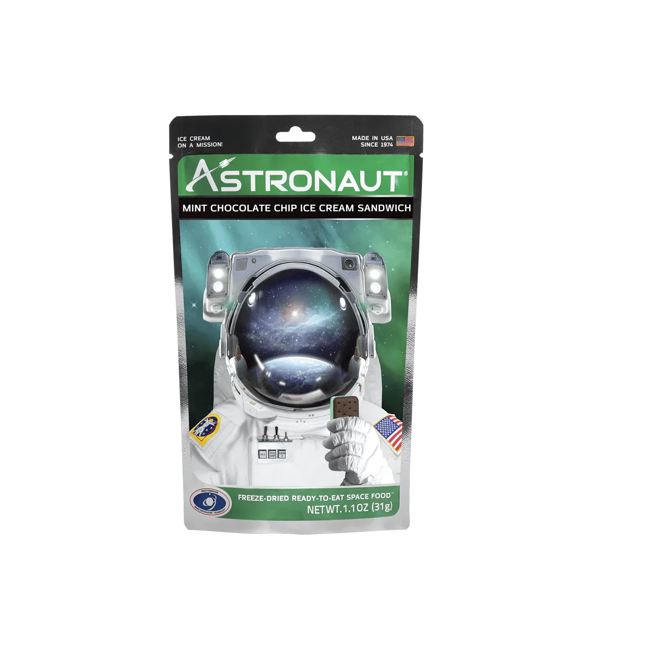 Alpenglow Freeze Dried Astronaut Mint Choc Chip Ice Cream in a pouch, showcasing vibrant green and chocolate chip textures.