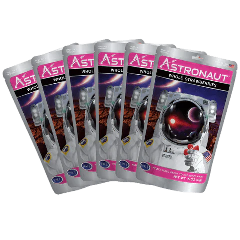 Freeze dried strawberries in a clear bag by Alpenglow Readiness Supply, ideal for outdoor adventures and snacks.