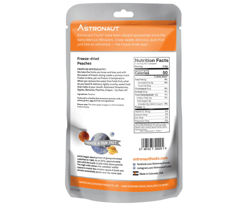 Astronaut freeze dried peaches in a clear bag, perfect for outdoor adventures by Alpenglow Readiness Supply.
