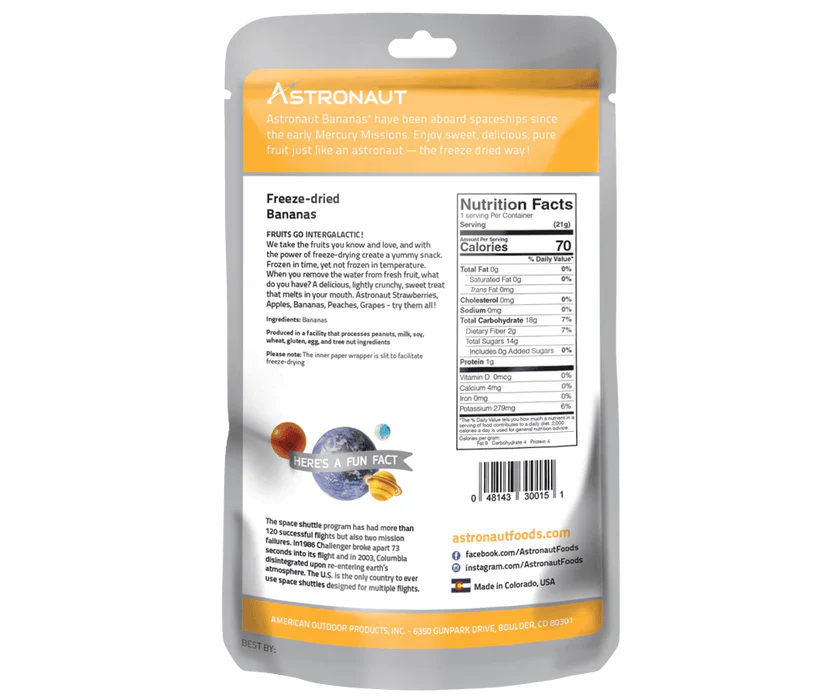 Astronaut freeze-dried bananas in a clear bag, showcasing the fruit's vibrant yellow color and texture for outdoor use.