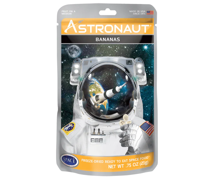 Astronaut freeze-dried bananas in a clear bag, perfect for outdoor adventures by Alpenglow Readiness Supply.