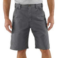 Grey Carhartt men's shorts laid out flat, showcasing the fabric texture and side pockets.
