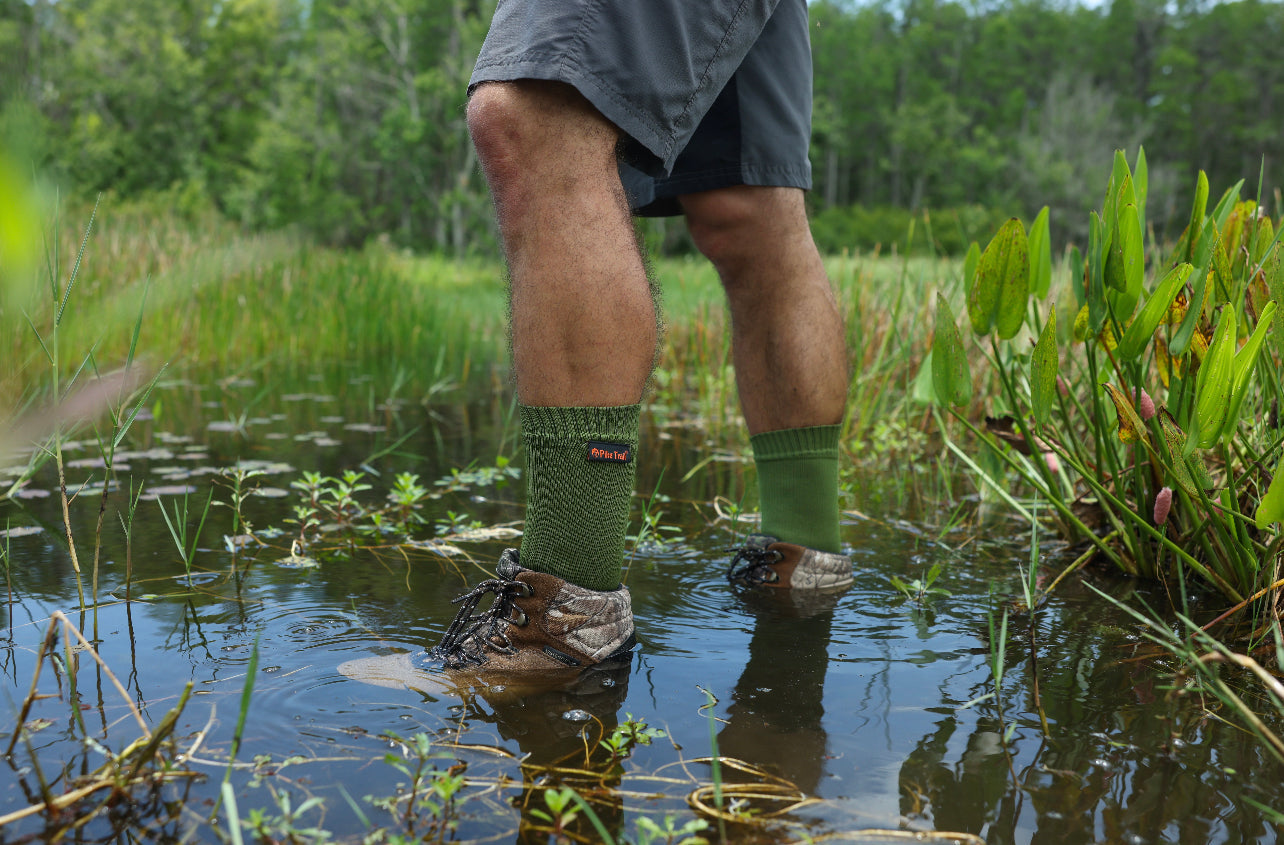 Pike Trail waterproof breathable socks showing reinforced heel and toe, designed for outdoor hiking and wet conditions.