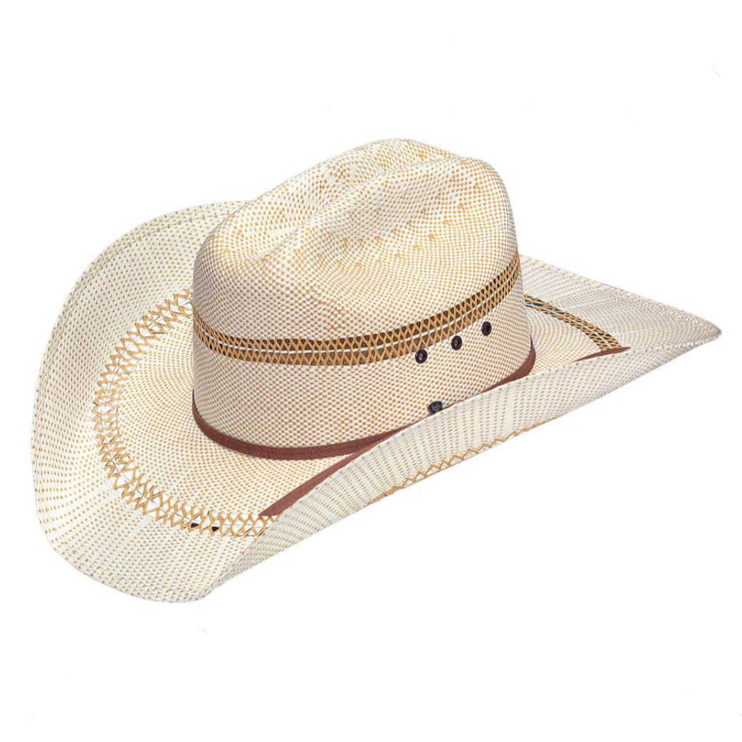 Ariat two-toned straw hat with a wide brim, showcasing a stylish design perfect for sunny outdoor activities.