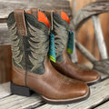 Ariat Kids Firecatcher Western Boots - Dark Green and Distressed Brown Square Toe - We The Collective