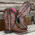 Ariat Kids Firecatcher Western Boots - Rowdy Brown with Pink Detailing Square Toe - We The Collective