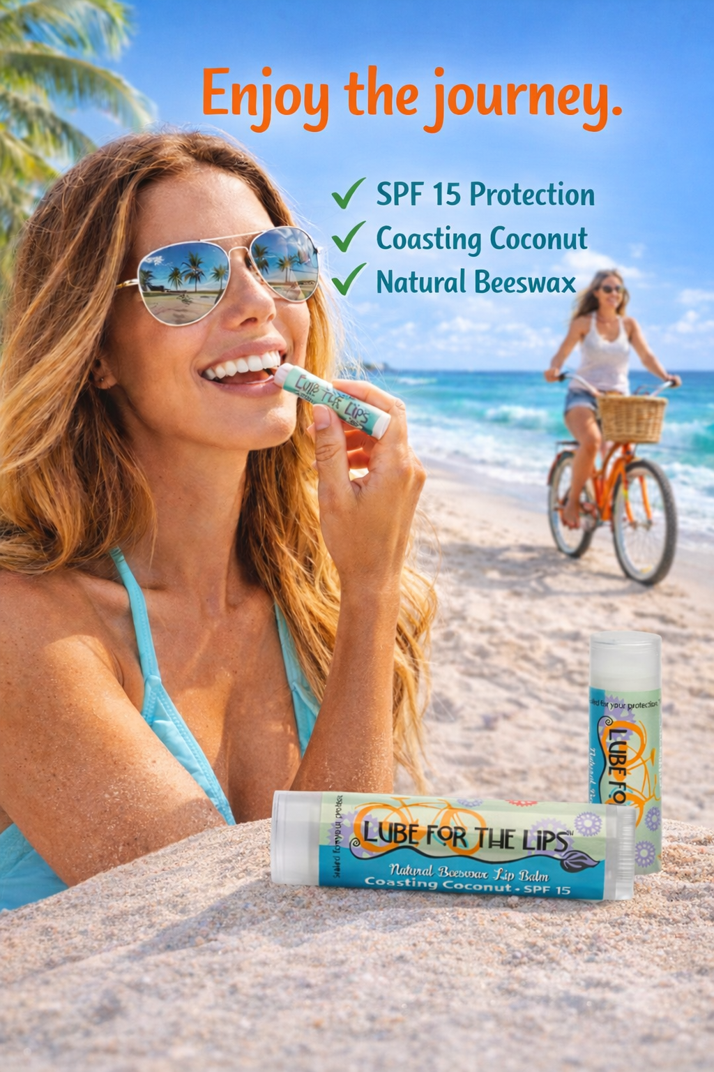 Essential Journeys Coasting Coconut SPF 15 Lube for the Lips™ in a sleek tube, featuring natural coconut scent and SPF protection.