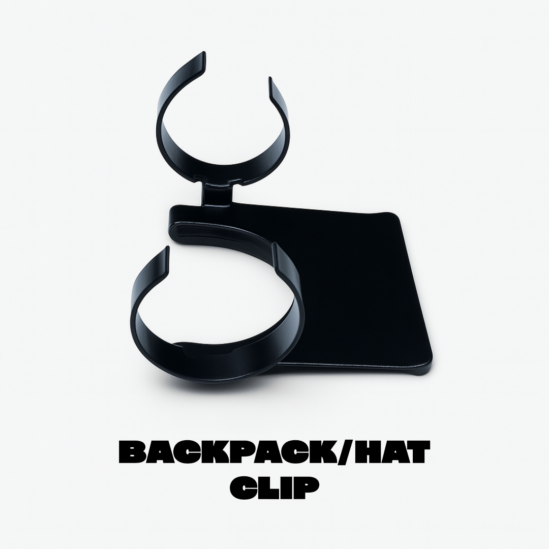 Last Light LLC headlamp hat clip attached to a backpack, providing hands-free lighting for outdoor activities.