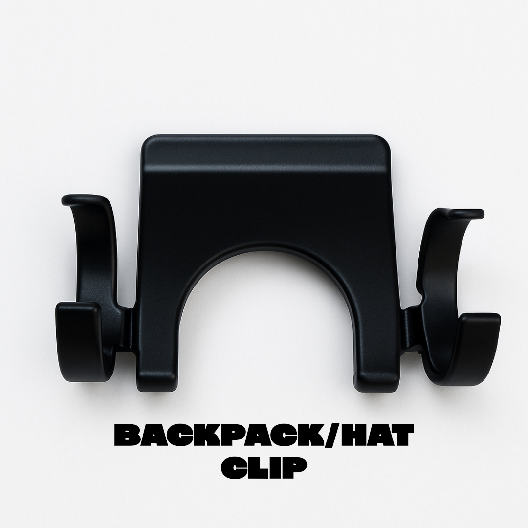 Last Light LLC headlamp hat clip attached to a backpack, providing hands-free lighting for outdoor activities.